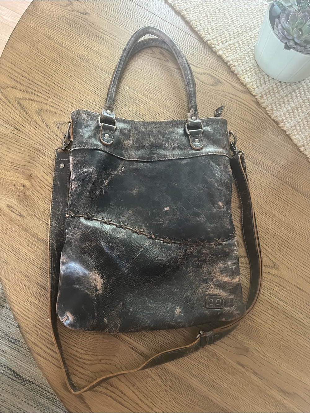 Bed Stu Distressed Dark Brown Leather Tote with Tan Highlights